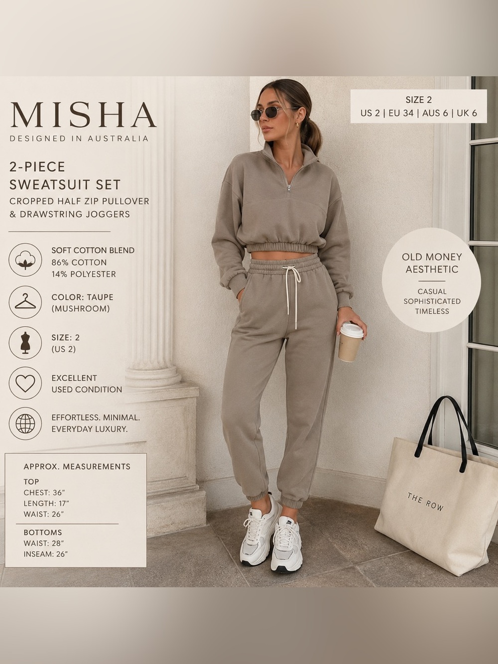 MISHA Taupe 2-Piece Cropped Half Zip Pullover & Joggers Set Size 2